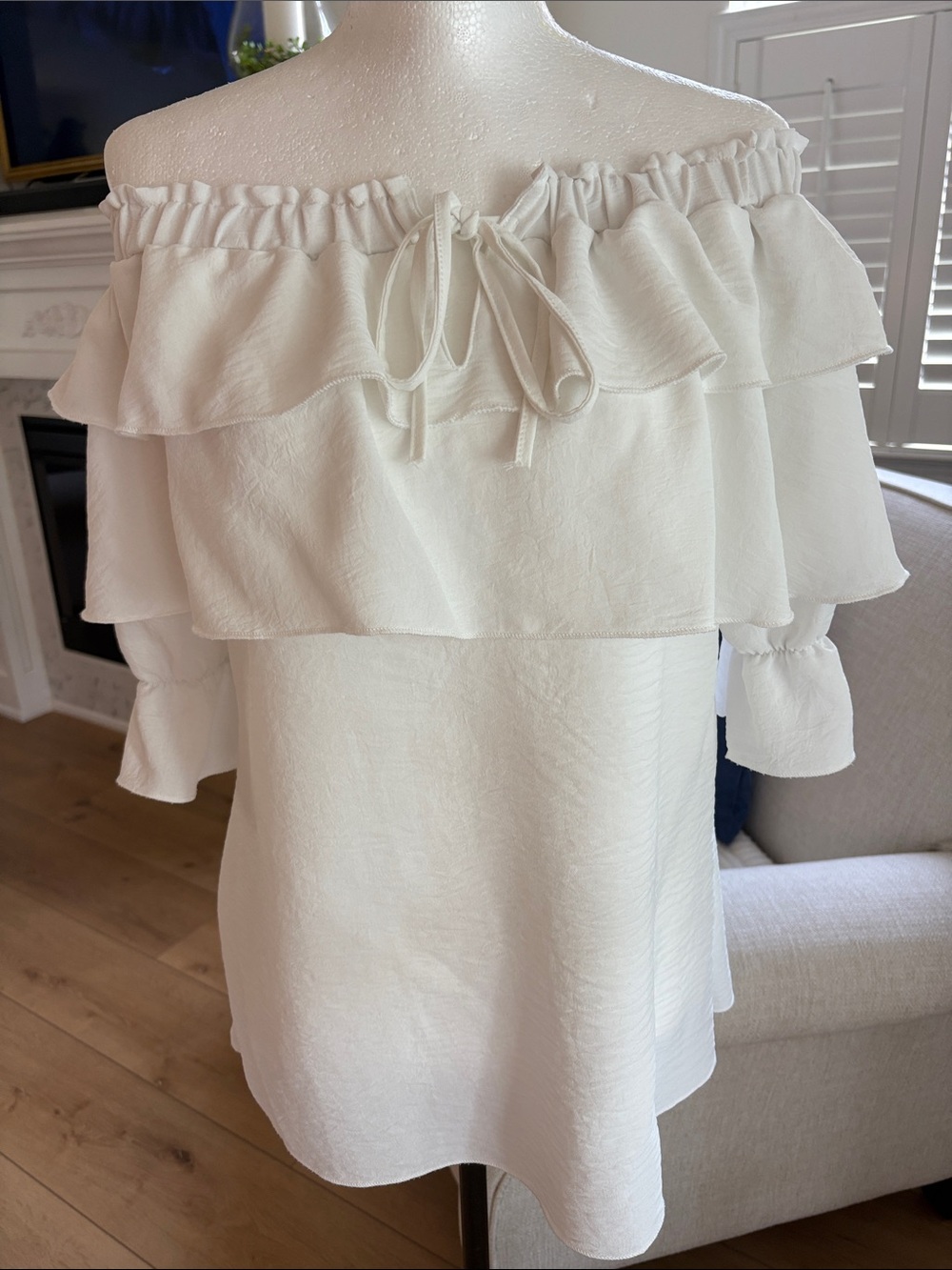 Off-Shoulder Ruffle Tie-Front Blouse - White